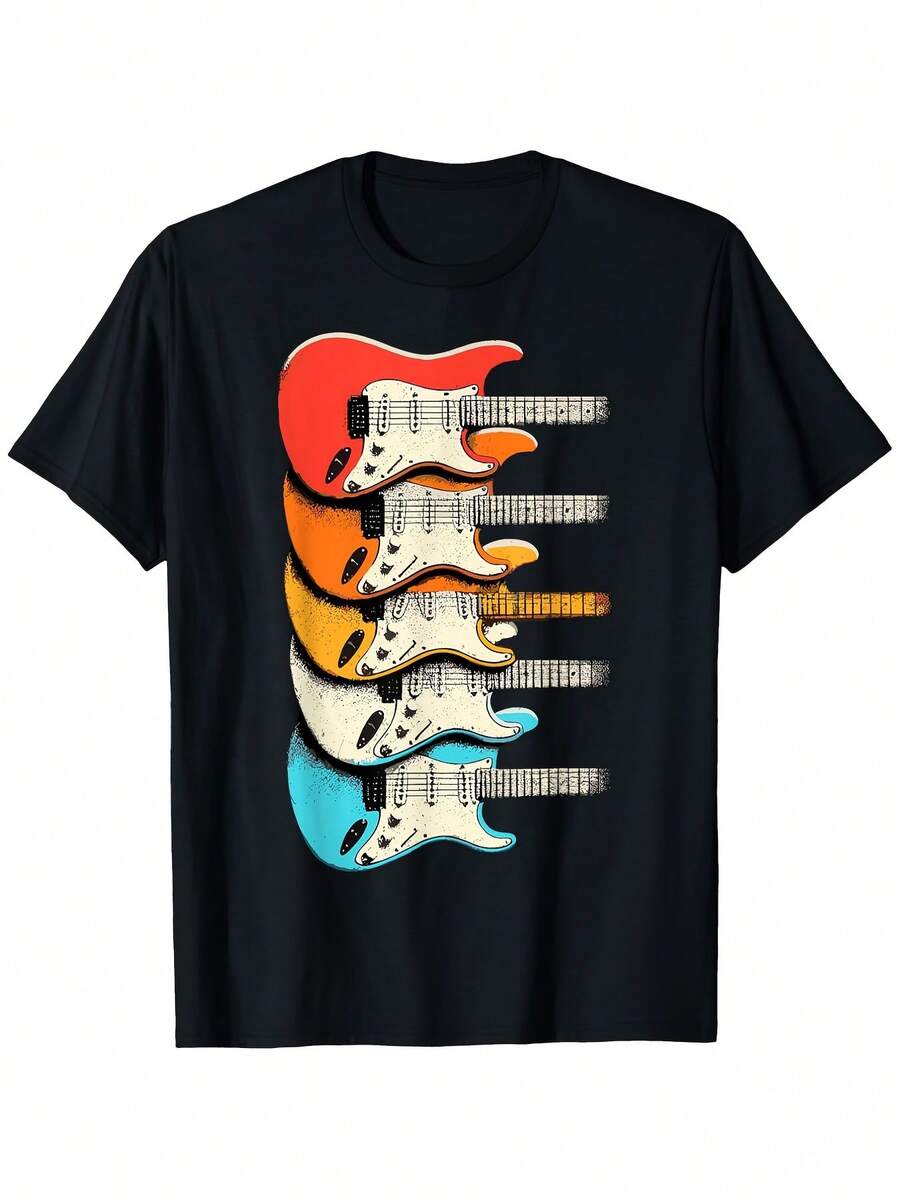 Vintage Rock Music T-Shirt With Stratocaster & Telecaster-Inspired Electric Guitars - 100% Cotton Oversized Unisex Tee (S-XXXL) - Retro 60s/70s Style Casual Wear For Men & Women, Music Fan Apparel, Iconic Guitar Color Block Design, Halloween, Mens Shirts, Halloween Men Clothes, Halloween Clothes For Women, Mens Graphic Tees, Halloween Funny Shirts, Halloween T Shirt, Mens Tshirt, Halloween T Shirt Men, Halloween Shirt, Mens Clothes, Halloween Tshirt, Halloween Men Shirt, - Black - View 1