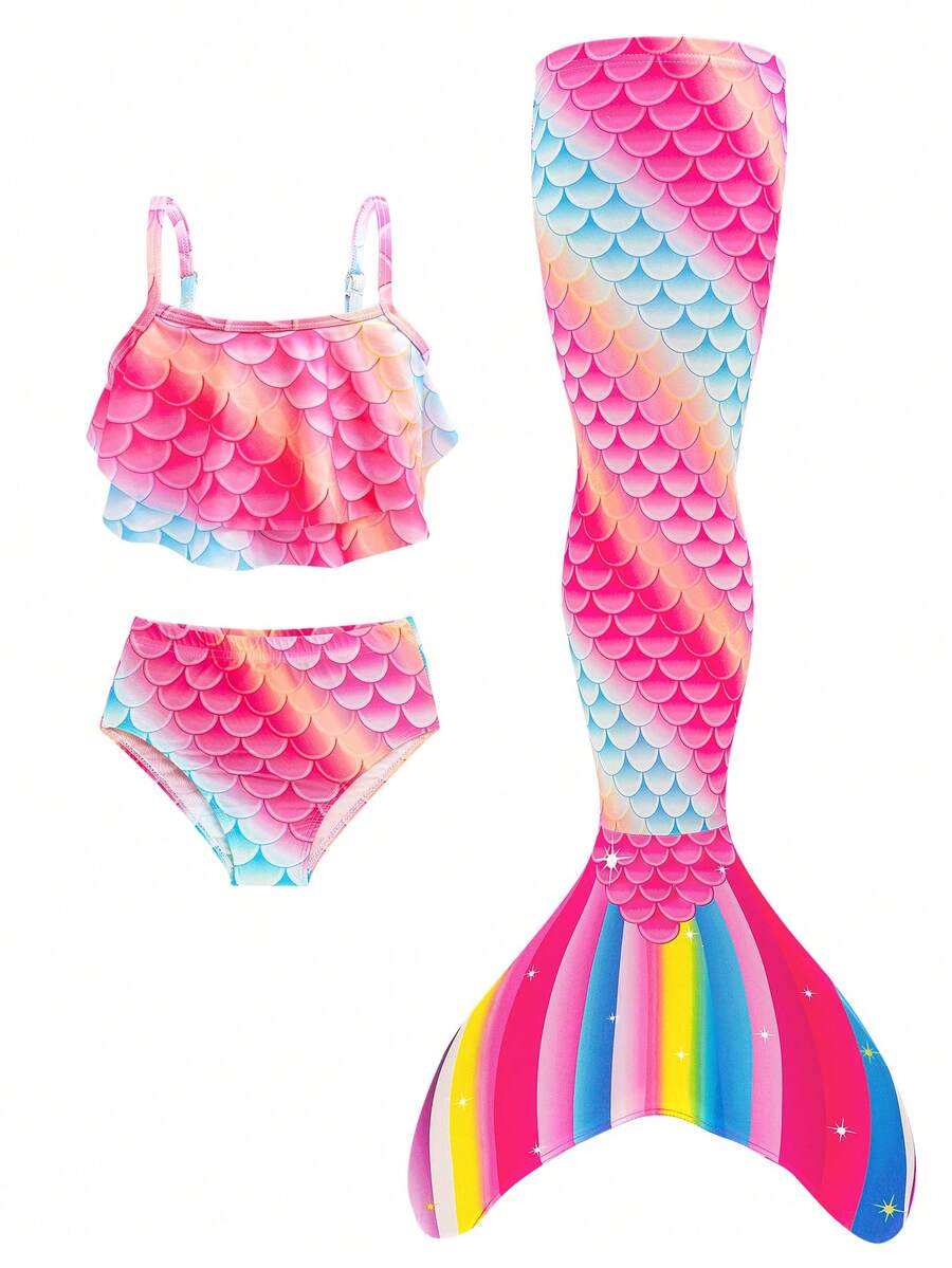3pcs Girls Mermaid Bikini Set, Patchwork Fish Scale Strap Triangle Bottoms, Rainbow Print Swimwear - Hot Pink - View 1