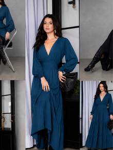 Long Dress, V-Neck, Long Sleeves, Casual Winter Dress - 水鴨藍 - 查看 3