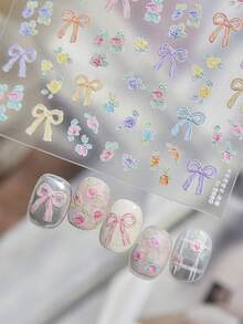 1 pieza Pegatina de uñas delgada & duradera, Decalcomanía de uñas 5D exquisita con lazo de acuarela & floral, Pegatina de uñas 3D, Estilo fresco autoadhesivo decoración de manicura de verano - Multicolor - Ver 7