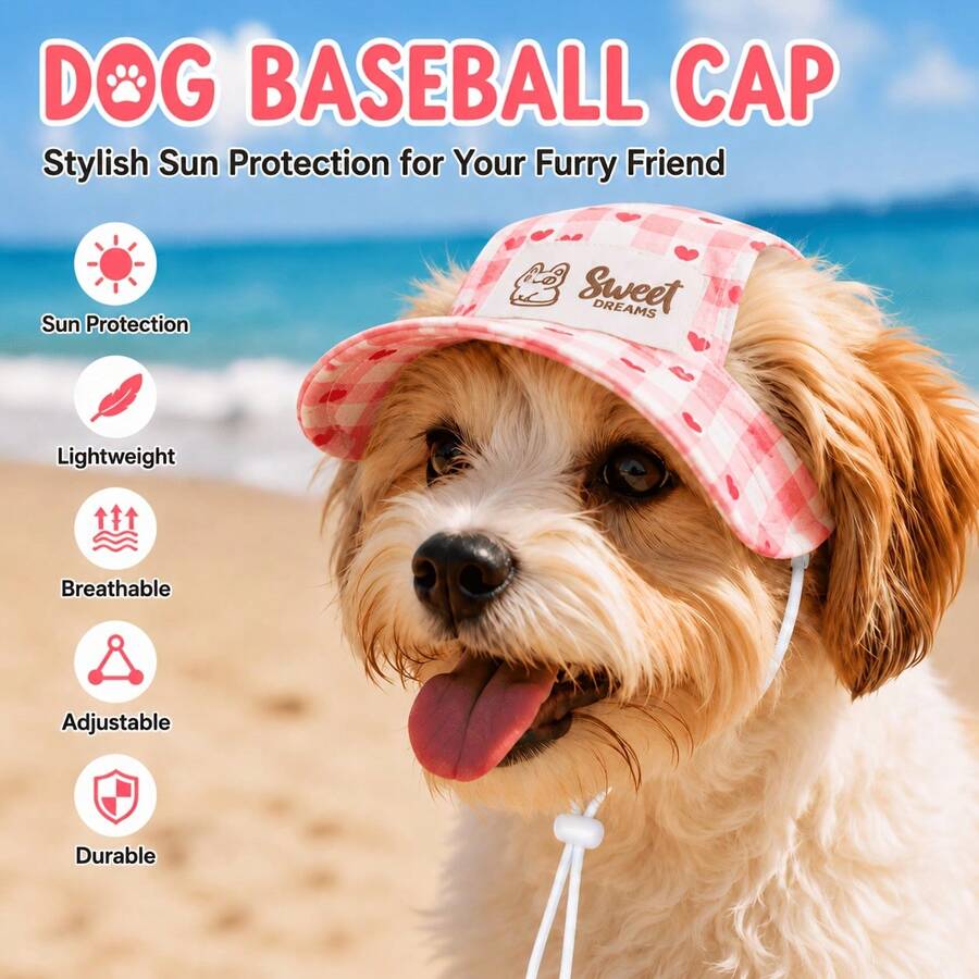 BVEOYPET 1pc Cute Plaid Heart Print Pet Baseball Cap, Adjustable Pet Sun Hat, Breathable Outdoor Sun Protection Hat, Suitable For Small Dogs And Cats, Summer Pet Accessory - Red - View 1