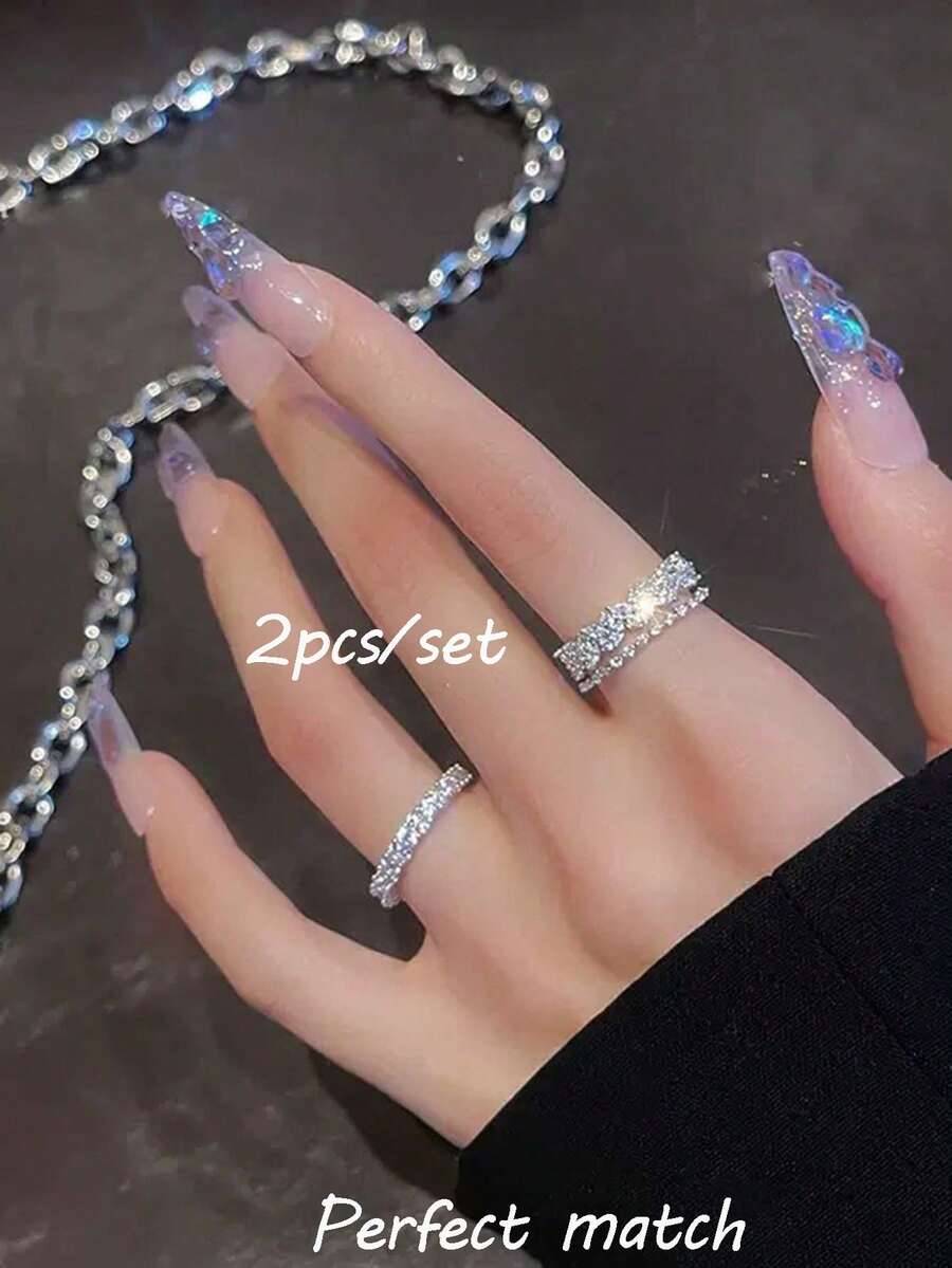 rundraw 2pcs Luxury Y2K Style Copper Zirconia Double Layer Ring, Dainty Adjustable Rings For Women, Ins Minimalist Daily Accessories
