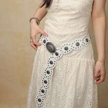 1 buah Sabuk Fashion Bulat PU Putih dengan Lubang Mata dan Gesper Logam, Cocok untuk Pakaian Populer Gaya Bohemian, Sesuai untuk Penggunaan Sehari-hari - Putih - View 5