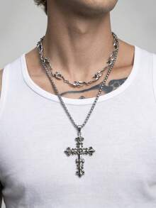 2pcs Cross Asymmetrical Wave Hip-Hop Style Stainless Steel Multi-Color Men's Necklace Set, Suitable For Parties, Gifts And Vacations - Multicolor - View 2