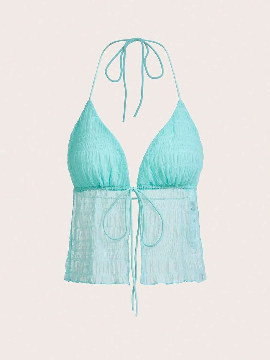 ICON Top halter de malla sin espalda con lazo dividido en el dobladillo, estilo Y2K - Agua verde azul - Ver 1
