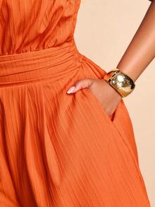 BIUBIU Plus Size Women's Orange Casual Jumpsuit, Sleeveless Spaghetti Strap V-Neck Ruched Short Jumpsuit With Pockets, Suitable For Summer And Daily Wear - Burnt Orange - View 8