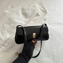 Bolso de Hombro Elegante y Clásico de Cuero Genuino de Lujo, Adecuado para Uso Diario y Ceremonias, con Cierre Retro Francés 2026, Lacado, de Gran Capacidad, a la Moda para el Verano, Estiloso, para Mujer. - Negro - Ver 5