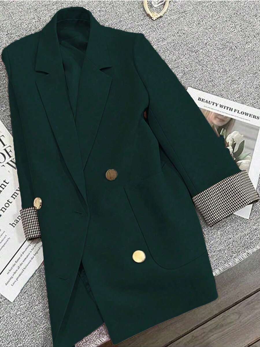 xheFranclia Blazer de verano con estilo francés a cuadros con ribete de mangas ajustado para el trabajo y ocasiones casualesxhe - Verde Oscuro - Ver 1