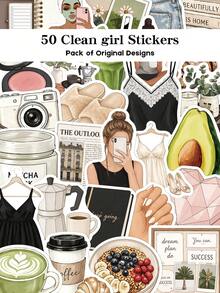50pcs Clean Girl Stickers Minimalist Style Decorative Transparent Stickers For Laptop Suitcase Scrapbook Diy Decor - Clean Girl - View 9