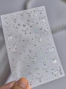 1件 5D 精緻法式鏈條項鍊美甲貼紙，愛心蝴蝶極簡蝴蝶結星星美甲貼花裝飾配件，可穿戴美甲 DIY 美甲用品，適合女性與女孩美甲設計 - 銀色 - 查看 7