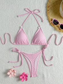 Bộ đồ bơi 2 mảnh màu hồng ngọt ngào đính nơ - Bikini màu hồng tinh tế với điểm nhấn nơ nhỏ xinh, hoàn hảo để mặc đi biển nghỉ dưỡng - Hồng - Xem 6