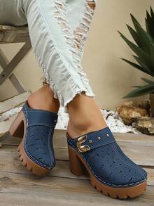 Sandalias de tacón alto con plataforma y punta cerrada para mujer, verano, casual, exterior, pantuflas - Azul Marino - Ver 2