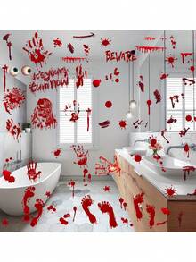 9sheets Scary Halloween Window Stickers, Bloody Hand And Footprint Halloween Floor Stickers, Spooky Bloodstain, Eyeball, And Ghost Shadow Stickers-Perfect For Bathrooms, Walls, And Room Decor. Halloween Home Decor. Scary-Style Halloween Window Decals - Multiple Styles - View 5
