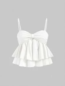 Top de tirantes rosa dulce con pliegues y ribete de volantes, top corto de verano - Blanco 3 - Ver 1