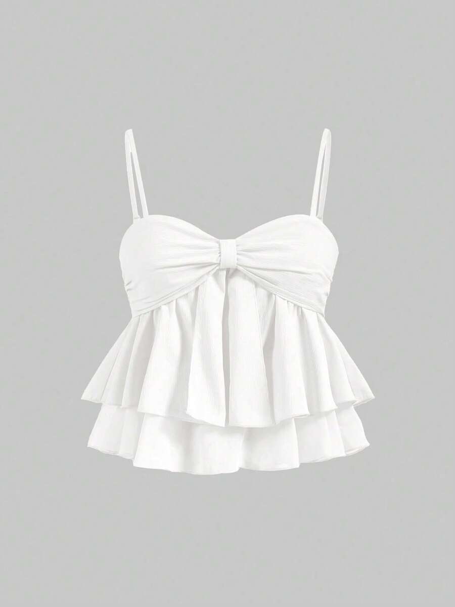 Top de tirantes rosa dulce con pliegues y ribete de volantes, top corto de verano - Blanco 3 - Ver 1