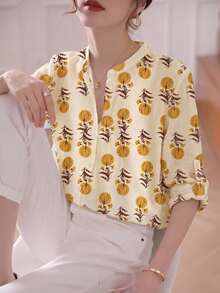 Blusa de mujer con estampado floral acuarela azul grisáceo, cuello alto, mangas 3/4.Confeccionada en tela transpirable, puños acampanados, ajuste ceñido, ideal para oficina o vacaciones, primavera/verano - hojas de naranja - Ver 1