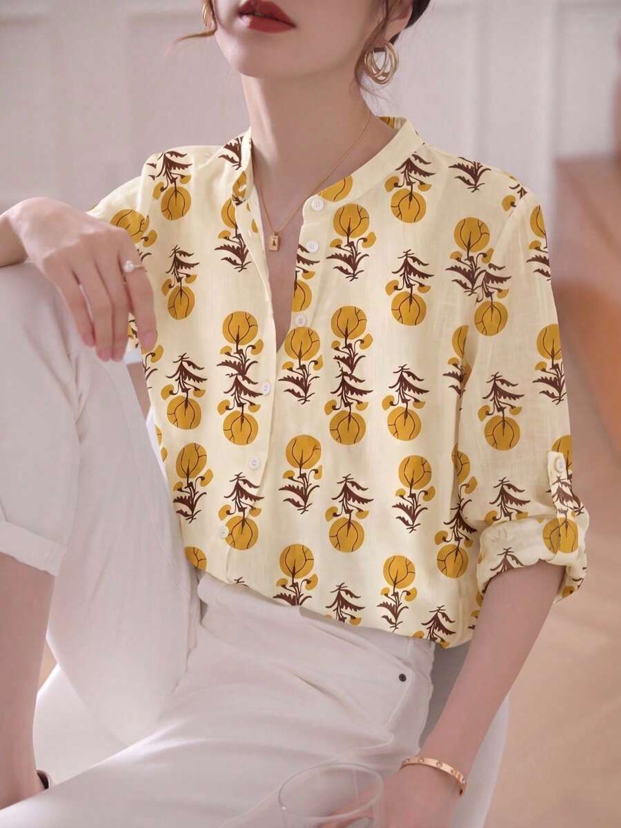 Blusa de mujer con estampado floral acuarela azul grisáceo, cuello alto, mangas 3/4.Confeccionada en tela transpirable, puños acampanados, ajuste ceñido, ideal para oficina o vacaciones, primavera/verano - hojas de naranja - Ver 1