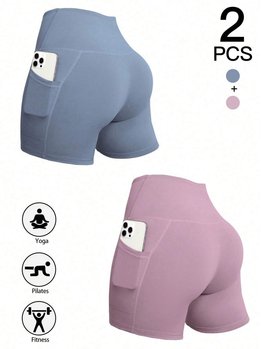 2pcs Women's High Waist Sports Shorts With Side Pockets, Suitable For Yoga, Fitness, Running In Summer - Multicolor - View 1