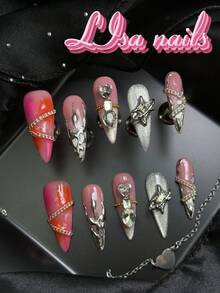 10pcs Handmade Full Coverage Pointed Press-On Nails, Pink Manicure, 3D Star & Heart & Chain & Flame Decor, Removable & Reusable, 4 Sizes Available, Y2K Grunge Shiny Style Fake Nails, Suitable For Party & Daily, Includes Jelly Glue And Nail File - Pink - View 3