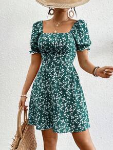 Vestido casual de manga corta para vacaciones con cuello cuadrado y estampado floral para mujer - Verde - Ver 1