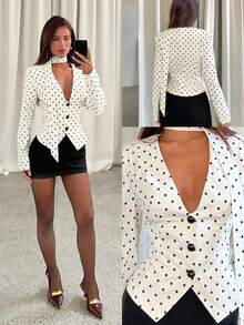 xheAloruh Chaqueta blazer de mujer con elegante estampado de lunares, adecuada para ir al trabajoxhe - Blanco - Ver 1