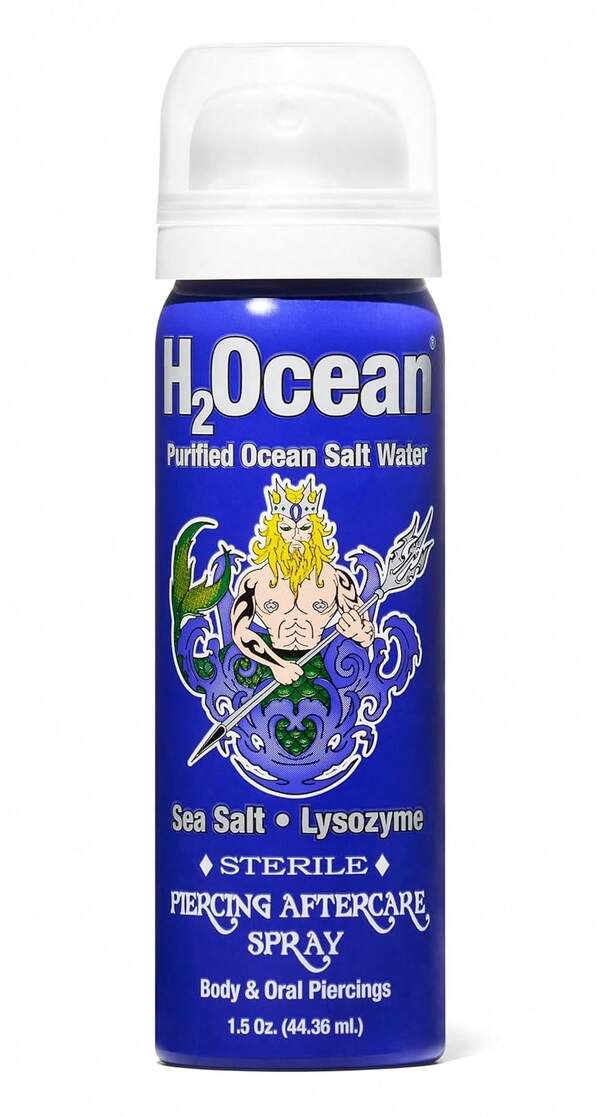 Spray de cuidado posterior para perforaciones H2Ocean y eliminador de queloides - Spray de sal marina para perforaciones corporales y faciales - Limpiador de perforaciones en la oreja, nariz, ombligo, oral y corporal, solución de cuidado posterior para nuevas perforaciones - 1.5oz