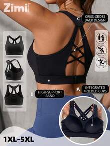 Zimi Collection Plus Size High Support Sports Bra Women Black Built-In Bra Cups Lattice Back Adjustable Hook & Eye Closure Mesh Panel Yoga Gym Workout Crop Top - Black - View 5
