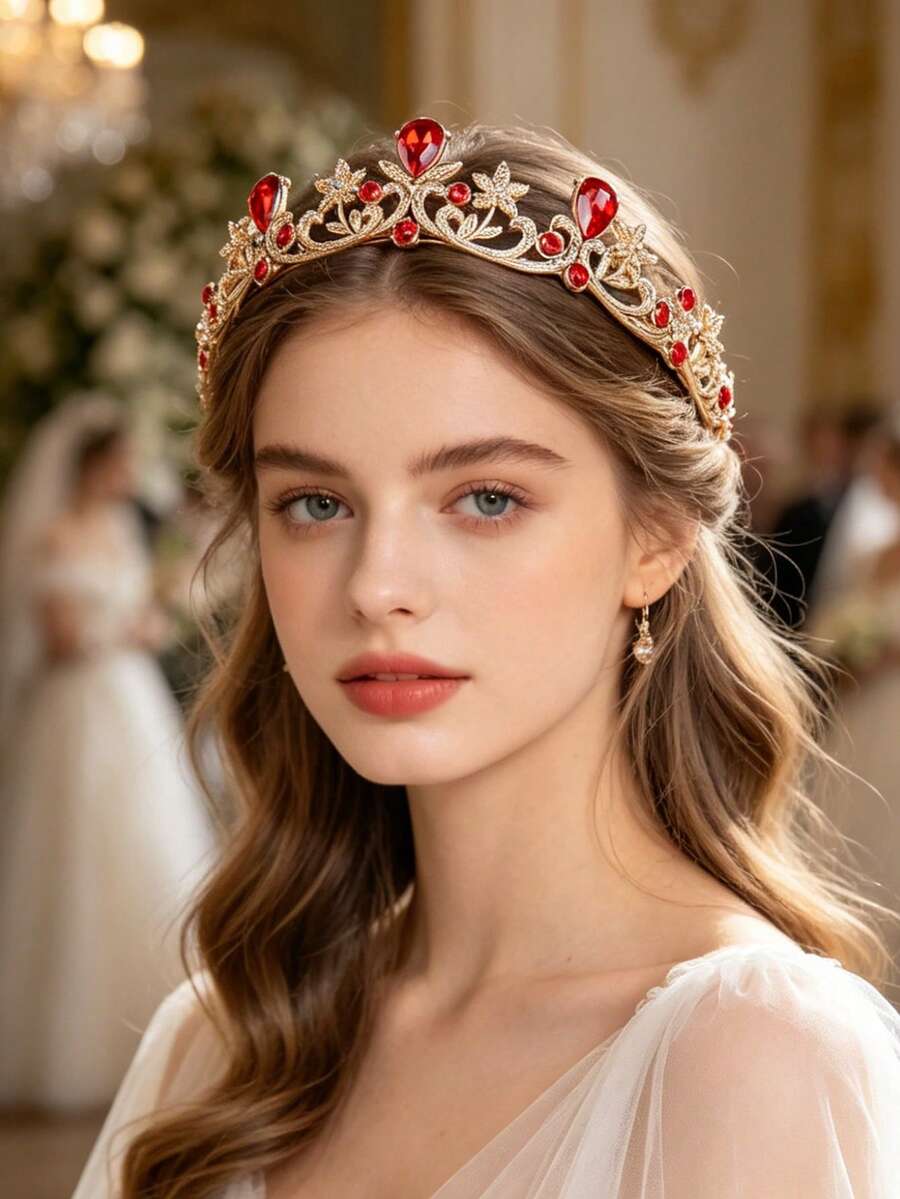 1件女童精緻水鑽皇冠髮飾,適合外出、拍照、鋼琴表演 - 紅色 - 查看 1