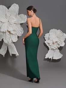 Knitted Bandage Dress, Women's One Shoulder Handmade Beaded Sexy Bodycon Slit Elegant Dress For Home Party, Holiday, Banquet Wedding - Dark Green - View 7