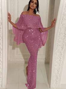 Vestido de Fiesta sin Tirantes con Escote Bardot y Gran Volante en la Espalda - Abertura Lateral y Ajustado - Rosa - Ver 1