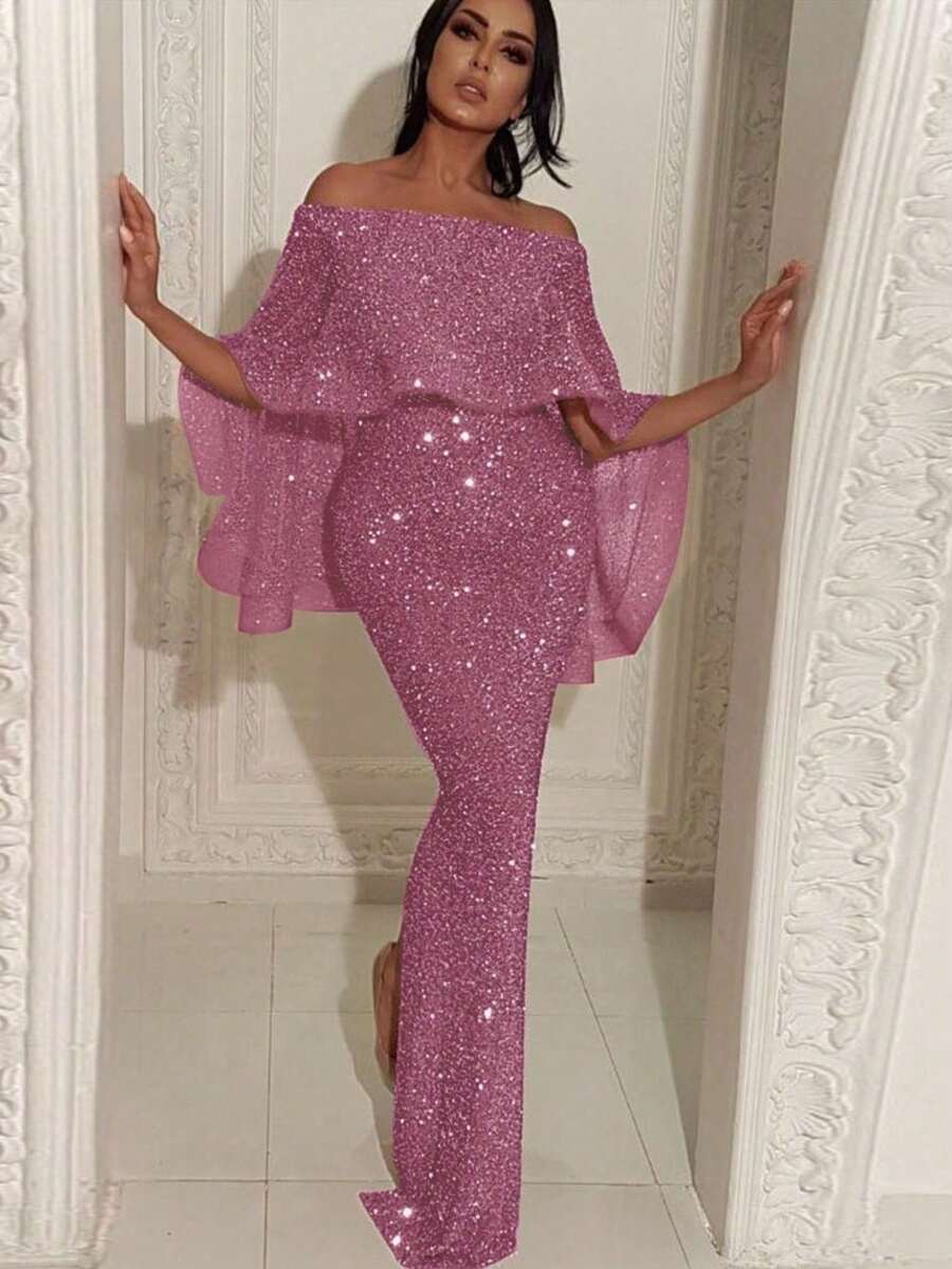 Vestido de Fiesta sin Tirantes con Escote Bardot y Gran Volante en la Espalda - Abertura Lateral y Ajustado - Rosa - Ver 1