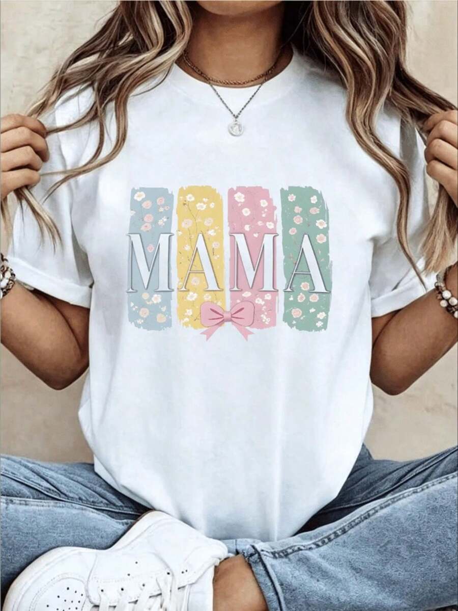 MAMA Floral Letter Print con Bow Rosa, Ropa para Mujeres, para Bodas Familiares, Uso Diario, Día de la Madre, Blusa Femenina Suave y Lavable, Ideal para Reuniones Informales