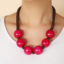 2026 European And American Fashion Short Wooden Bead Necklace Personalized Multicolor Necklace Bohemian Style - Hot Pink - View 4