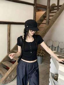 素色標準肩寬短袖女款休閒圓領修身彈性T恤上衣，夏季 - 黑色 - 查看 4