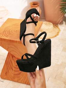 [US Direct] KBHAZ Women's Strappy Cork Wedge Sandals, Sexy Platform Crisscross Open Toe Buckle High Heels, Comfort Boho Beach Vacation Shoes - 黑色 3 - 查看 1