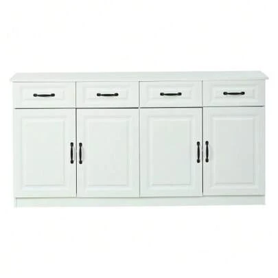 White MDF Sideboard/Chest Of Drawers With 4 Drawers And 4 Doors, 2 Shelves, Grooved Design And 8 Metal Handles, Large Upper Storage Space For Living Room, Bedroom And Kitchen, 160 Cm Wide