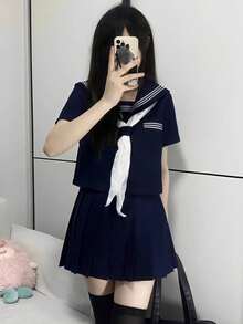 Kawaii 校園風水手領 Cosplay 制服，純海軍藍配蝴蝶結與百褶裙，3 件式 JK 水手服秋季款 - 藏青色 - 查看 5