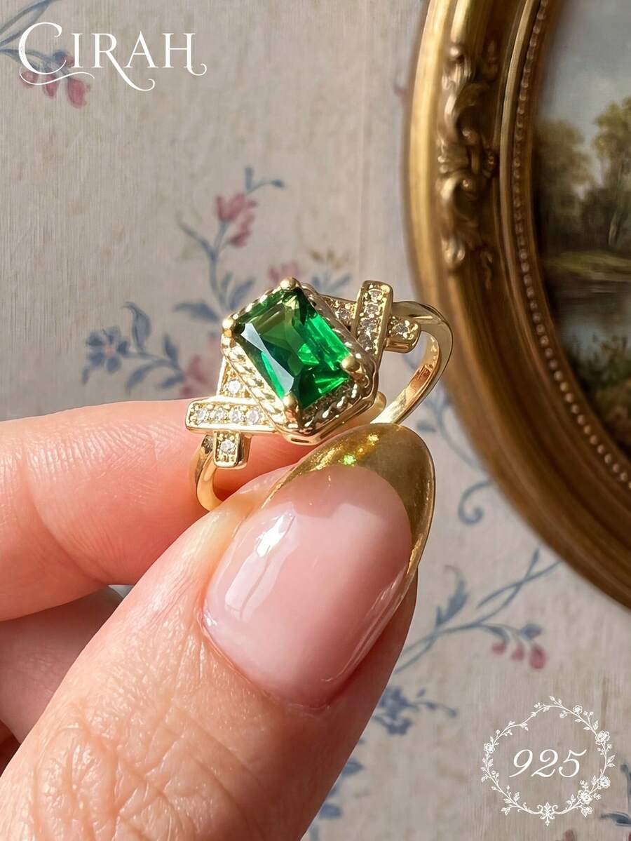 1pc Women's Diamond Inlaid Green Zirconia Ring, Exquisite Jewelry, Anniversary Birthday Gift - Gold - View 1