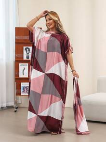 1 pieza Conjunto de bata de seda con estampado geométrico, Cubre-todo de playa para mujer con pañuelo de satén, Conjunto casual de playa - Multicolor - Ver 2