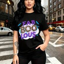 Camiseta de mujer con estampado gráfico "FAB BOO LOUS" en letras púrpuras con efecto goteo y leopardo - diseño urbano moderno, ajuste cómodo y estilo casual ideal para calles, fiestas o salidas diarias - regalo perfecto para mamá, esposa, novia, herm - Negro - Ver 9