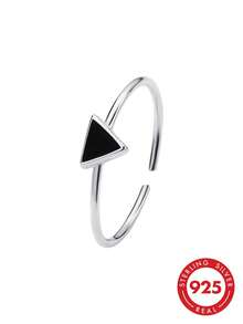 1pc 925 Sterling Silver Black Enamel Adjustable Triangle Ring, Delicate Geometric Stackable Design, Hypoallergenic Minimalist Style Jewelry, Perfect Gift For Women - Silver - View 1