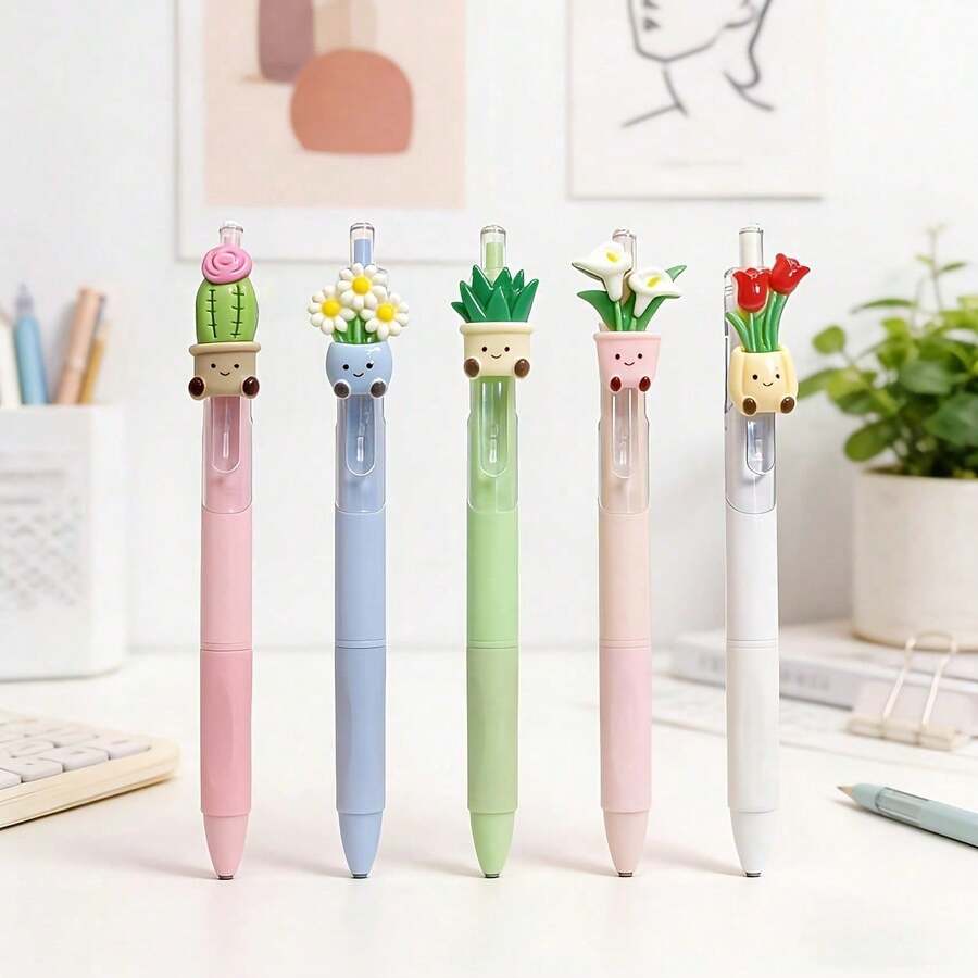 6支創意植物主題伸縮式圓珠筆,可愛花朵快乾筆,辦公與書寫用品,適用於學校、教室獎勵、節日禮物與高價值禮品 - 多色 - 查看 1