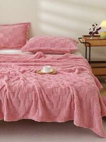 1pc Bread Grid Hem Soft Skin-Friendly Bed Blanket, Suitable For Living Room And Bedroom - Coral Pink - View 3