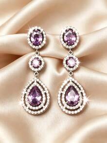 1 Pair Fashionable Cubic Zirconia Teardrop Earrings, Suitable For Women's Daily, Party, Holiday, Wedding Wear - Silver - View 6