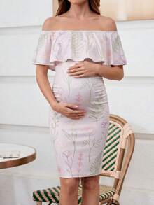 Maternity Dress Off-Shoulder Ruffle Floral Print Fitted Bodycon Mini Dress Casual Vacation Maternity Wear Summer - Mauve Purple - View 4