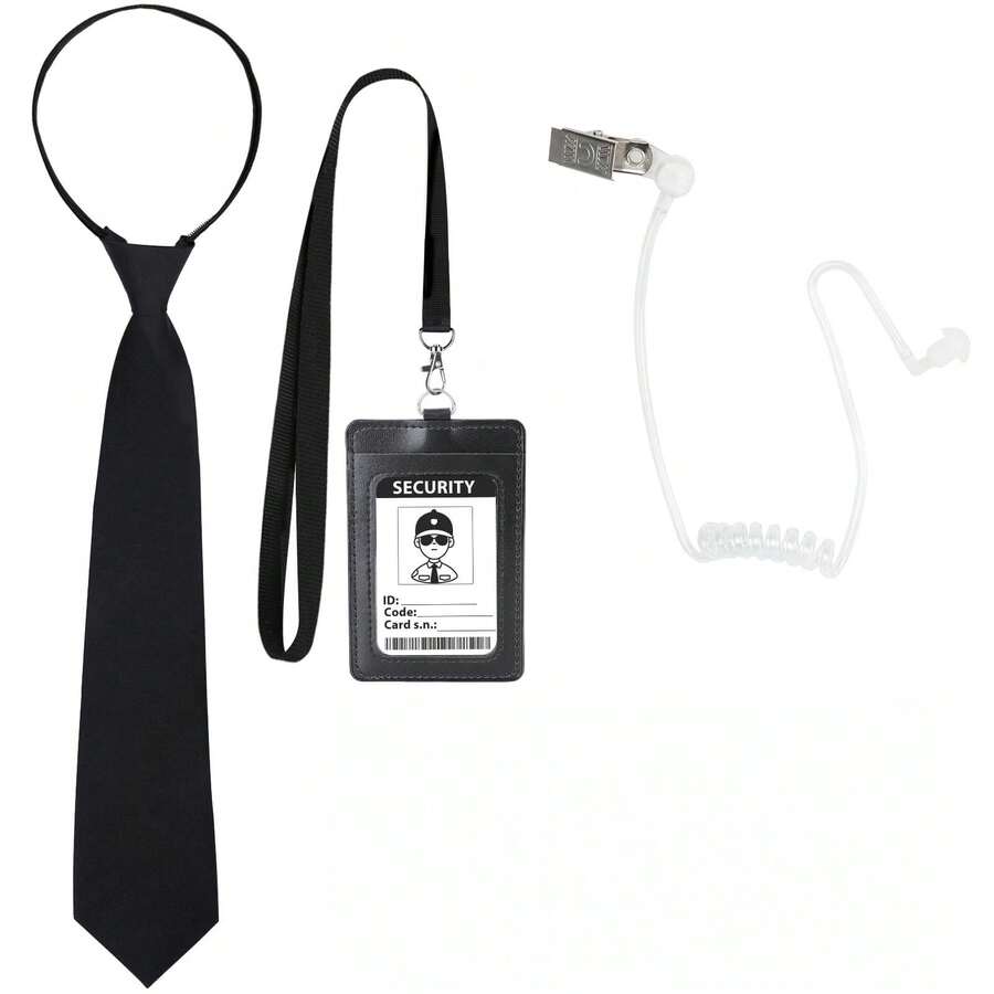 3pcs Secret Agent Costume Accessories Set, Includes Adjustable Zipper Tie, Fake Earphone, ID Card, For Adults And Kids Halloween Role Play - Multicolor - View 1