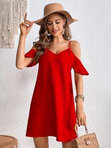 Vestido túnico de hombros descubiertos ribete con fruncido - Rojo - Ver 1