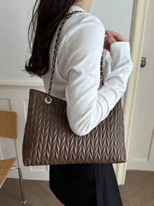 Bolso de mano de gran capacidad para mujer, bolso de hombro con cadena elegante, nueva bolsa de moda para debajo del brazo, bolso de lino retro - Café 3 - Ver 5