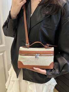 Bolso de mano de caja con contraste de color minimalista retro, tamaño pequeño para mujer - Marrón - Ver 5