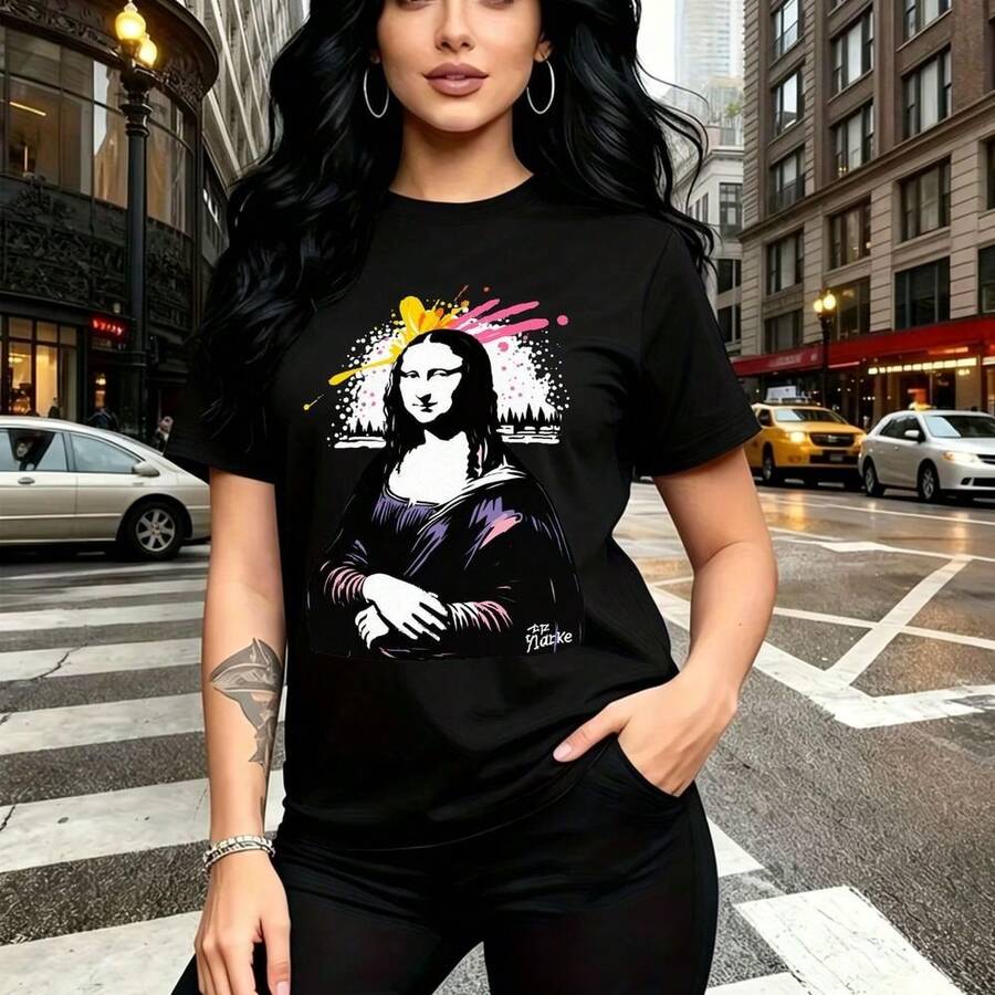 Camiseta de mujer con estampado artístico de La Gioconda con rayos vibrantes en rosa y amarillo y salpicaduras de pintura - camiseta casual de manga corta con ajuste cómodo y fresco, estilo urbano moderno para la ciudad - ideal para días soleados, pa - Negro - Ver 1
